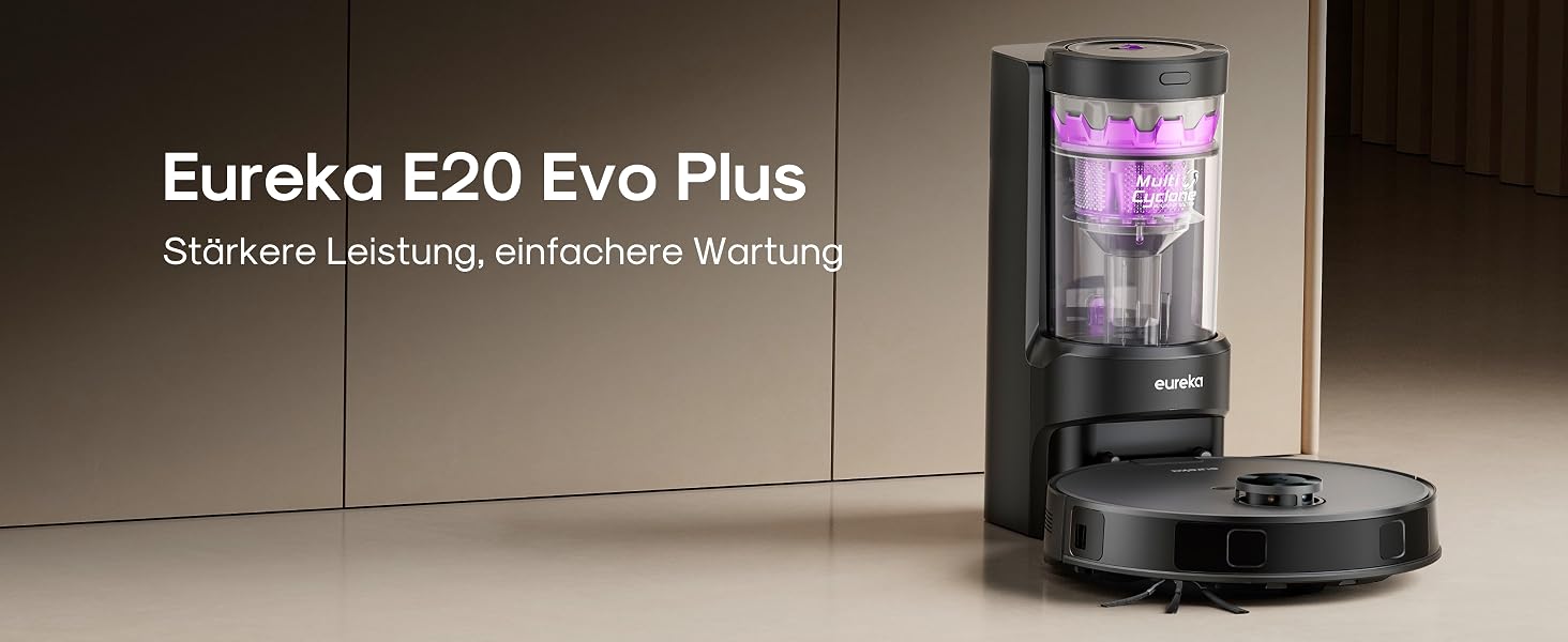 Робот-пилосос Eureka E20 Evo Plus з функцією вологого прибирання, стація самоочищення, потужність 10000 Па, система захисту від намотування шерсті, для твердих підлог та килимів, чорний