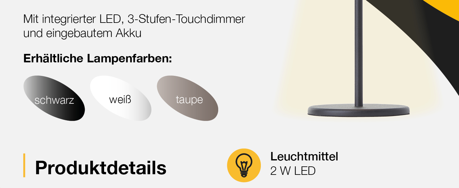 LED настільна лампа Brilliant з диммуванням, акумулятор, сенсорне керування, тепле світло, стильний дизайн, USB-зарядка, чорний колір