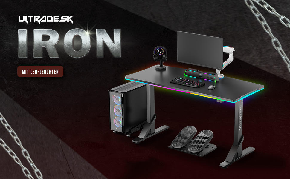 ULTRADESK - Стол для геймінгу Iron - Механічний регульований стіл з RGB підсвічуванням, чорний