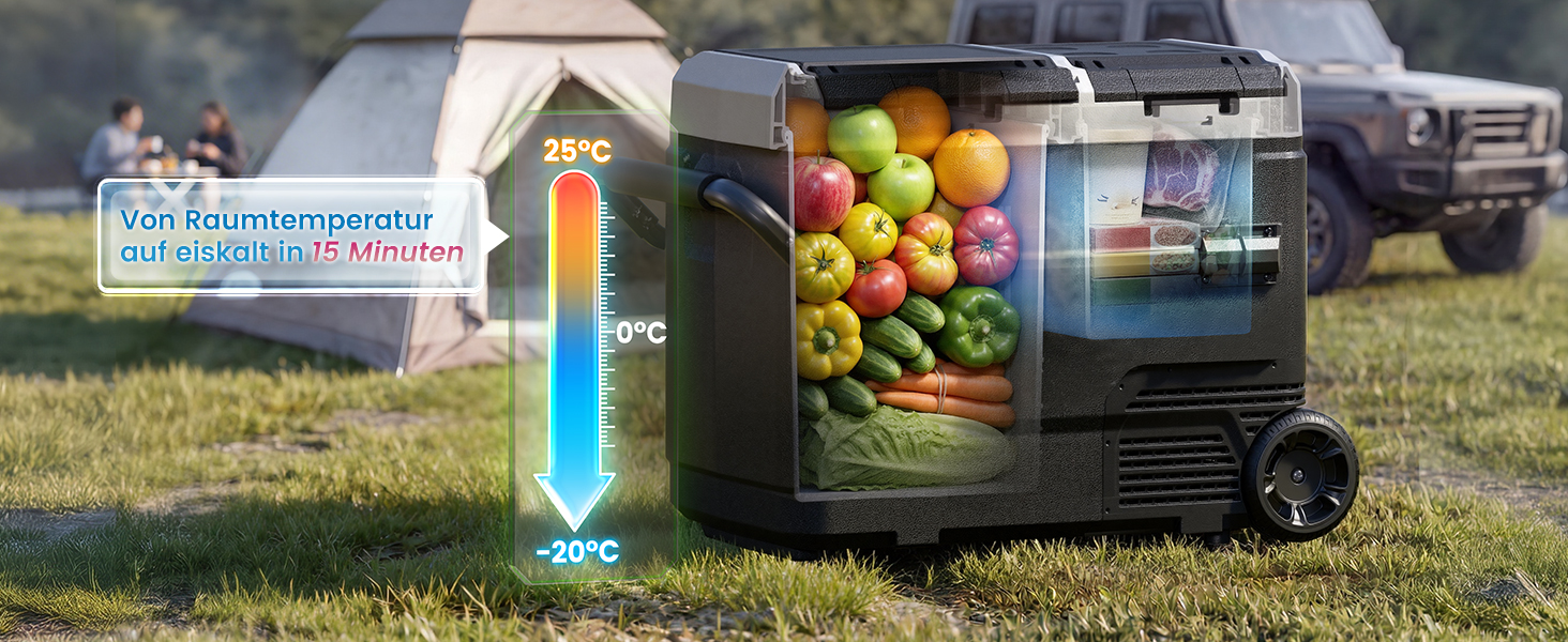 Компресорний автомобільний холодильник з Bluetooth, 60л: 2 зони охолодження (-20°C до +20°C), 12/24/230V, колеса, перегородка, тихий (45 дБ) для авто, кемпінгу, каравану