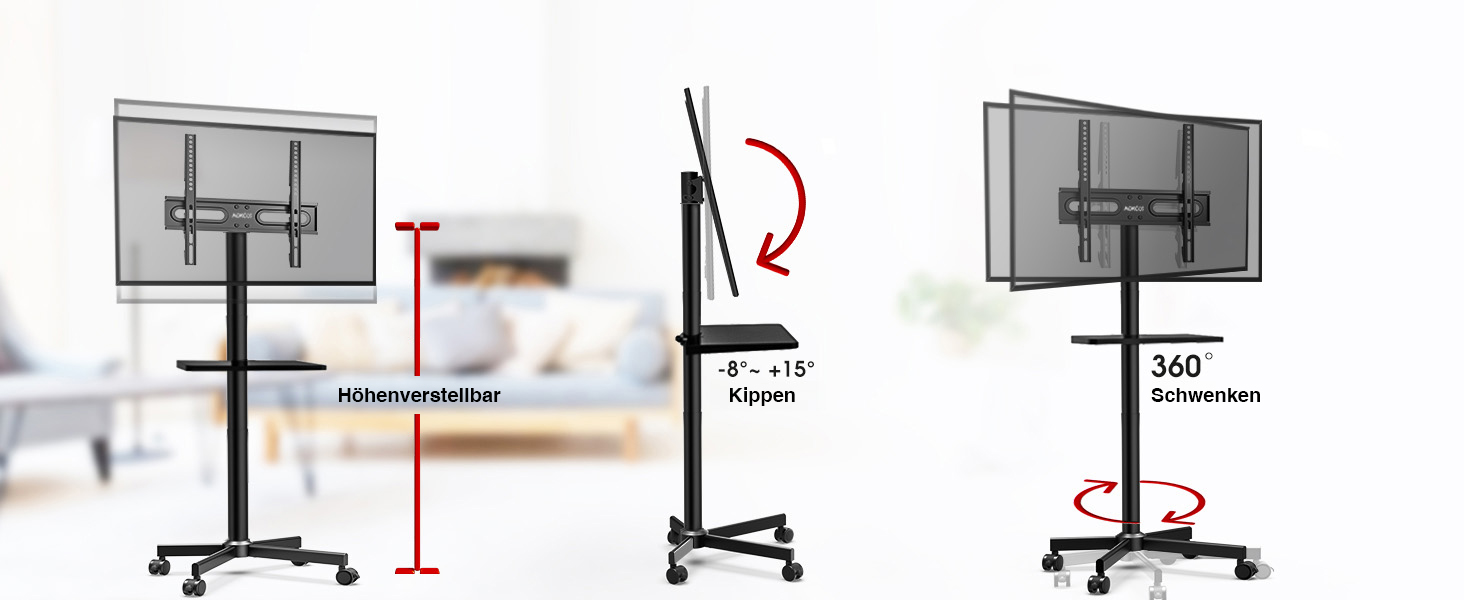 Підставка для телевізора на колесах для 32-65 дюймів, чорна, до 40 кг, VESA 400x400 мм