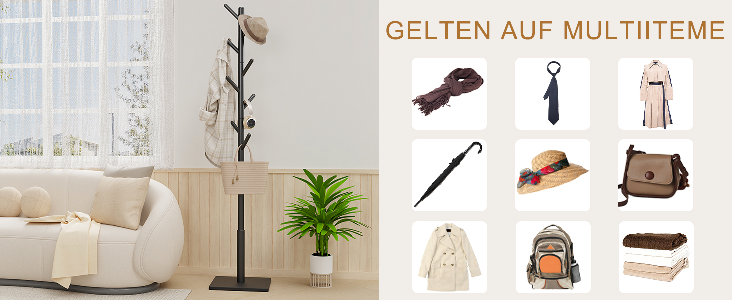 Дерев'яна вішалка для одягу Yawinhe, 180 см, 8 гачків, 3 рівня висоти, чорна