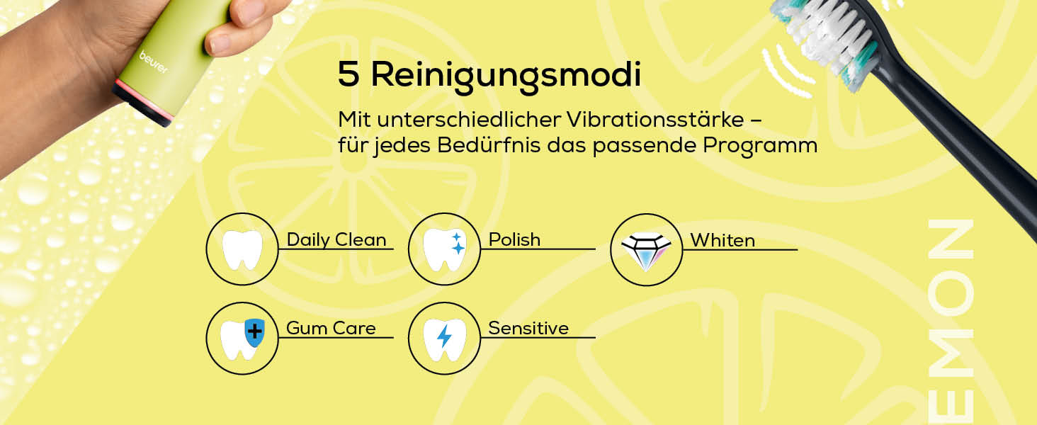 Електрична зубна щітка Beurer SC 30 Schallzahnbürste: 4 режими чищення, 80 000 коливань, таймер, LED-дисплей, 2 насадки, корпус з переробленого пластику (Splashy Lemon)