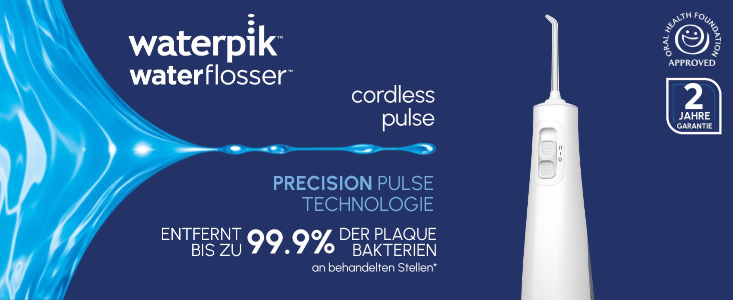 Waterpik Pulse бездротова пульсуюча іригатор, професійний, видаляє наліт 99,9%, 2 режими, очищувач міжзубного простору, білий