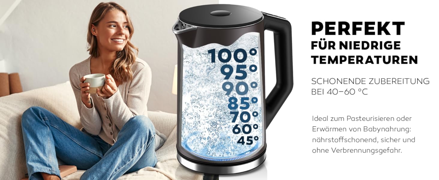 Електричний чайник BALTER з регулюванням температури, 1.5L, 2200W, білий (сірий), без BPA, подвійні стінки, бездротовий