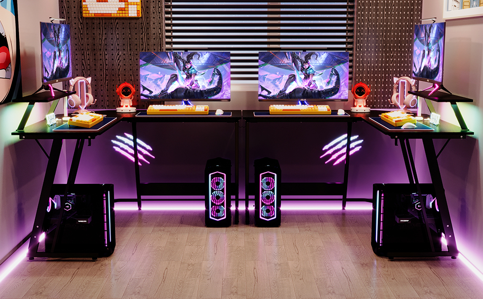 Ігровий кутовий стіл Devoko 130x130 см з LED RGB-підсвіткою, підставкою для монітора та гачком для навушників, карбоновий білий