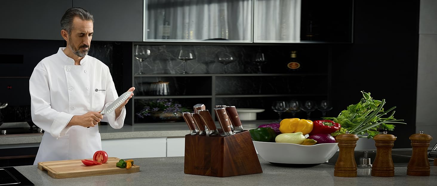 Набір професійних кухонних ножів YOTSUBA з дерев'яним блоком та точилкою, кухонні ножі з нержавіючої сталі, набір кухонних ножів для кухні (універсальний ніж 13 см)