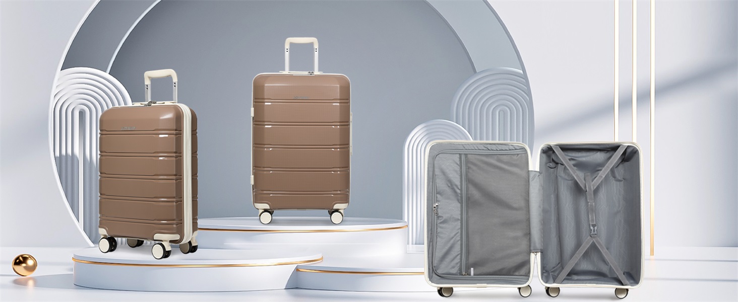 Набір валіз Joyway 3 в 1 з жорстким корпусом, 4 колеса, TSA-замок, косметичка та сумка, коричнево-білий, ручна поклажа