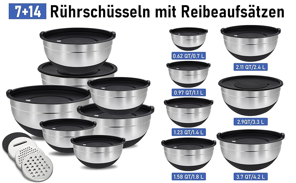 Набір міксерів BEWOS 7 шт. з кришкою, нержавіюча сталь, різні розміри, з терткою, антиковзаюче дно, чорний