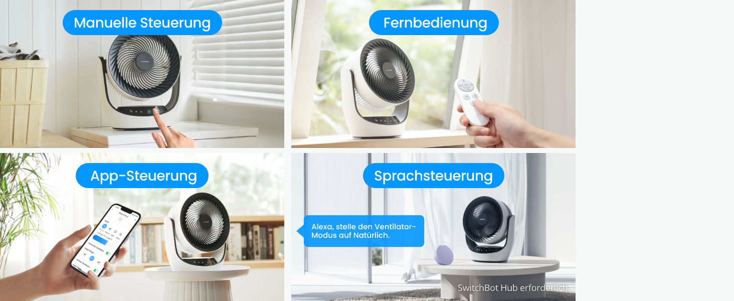 Вентилятор USB SwitchBot настільний з акумулятором, тихий (24 дБ), сумісний з Alexa/Google/Siri (потрібен хаб), 4 режими, таймер 9 год