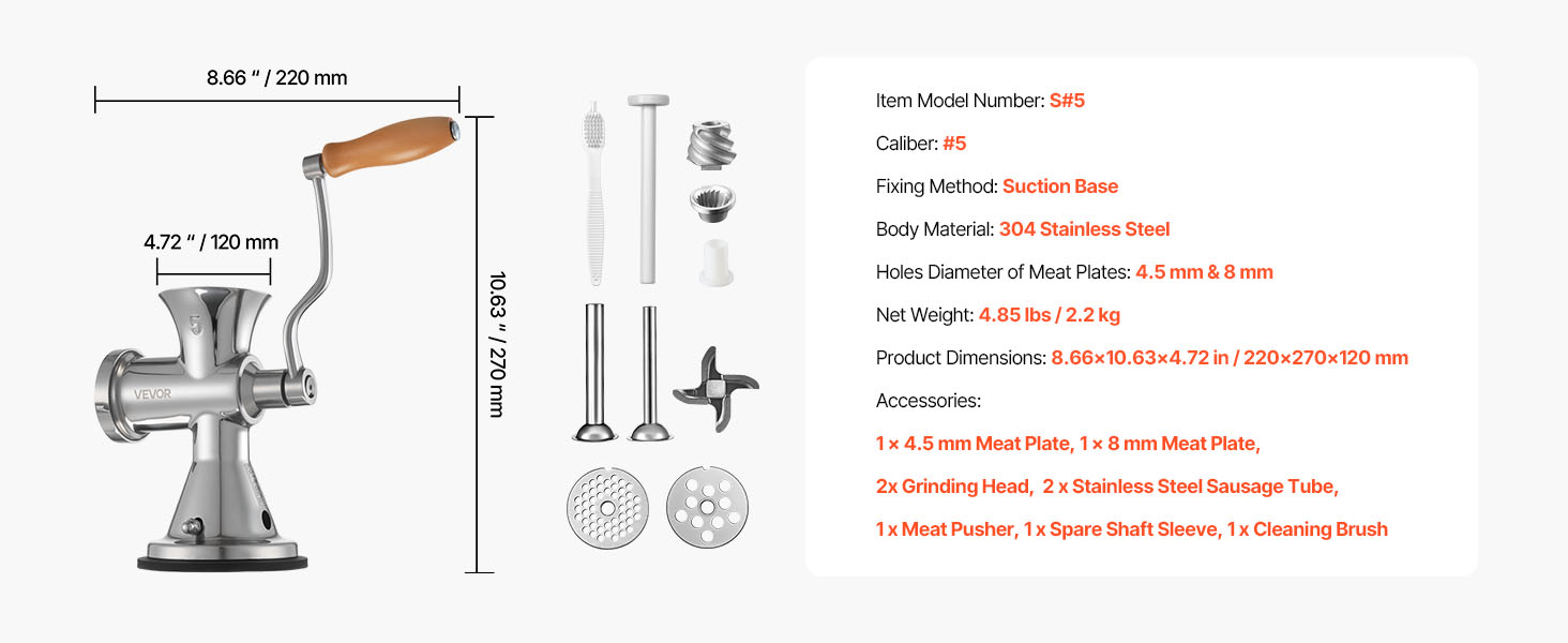 М'ясорубка ручна VEVOR 304 нержавіюча сталь, диски 4.5/8 мм, для фаршу, ковбас, овочів - срібляста