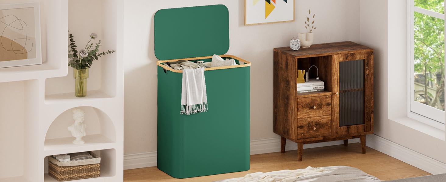 Кошик для білизни Youdenova з кришкою, великий, 160л, бамбук/дерево, сортувальник, білий