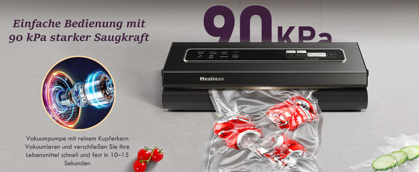 Вакууматор для продуктів Mesliese 6-в-1, потужність 90 кПа, компактний вакуумний пакувальник з різаком, режимами для сухих та вологих продуктів, набором пакетів (Темно-сірий)