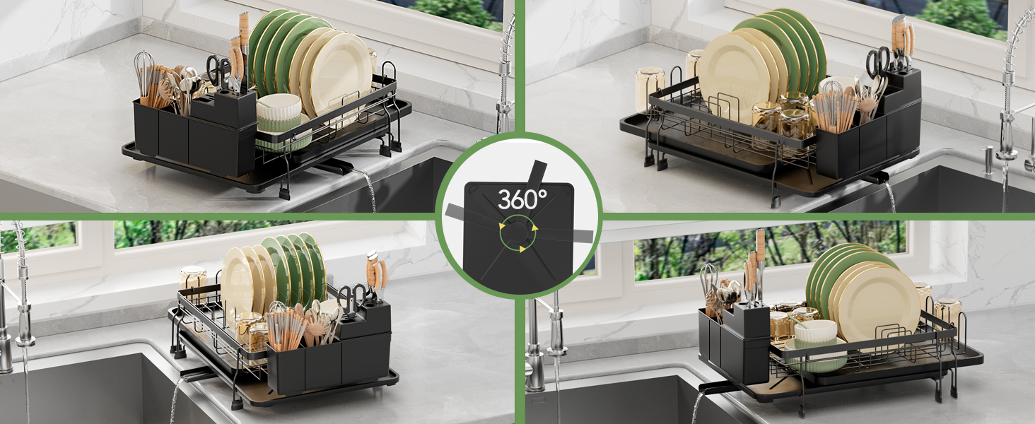 Сушарка для посуду ROTTOGOON розширювана, чорна: складана стійка з нержавіючої сталі, зливний жолоб та відділення для столових приборів