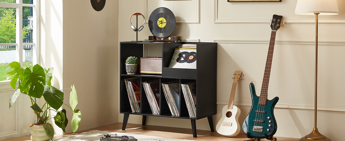 Підставка для платівок на 300 альбомів з полицею для зберігання, чорна