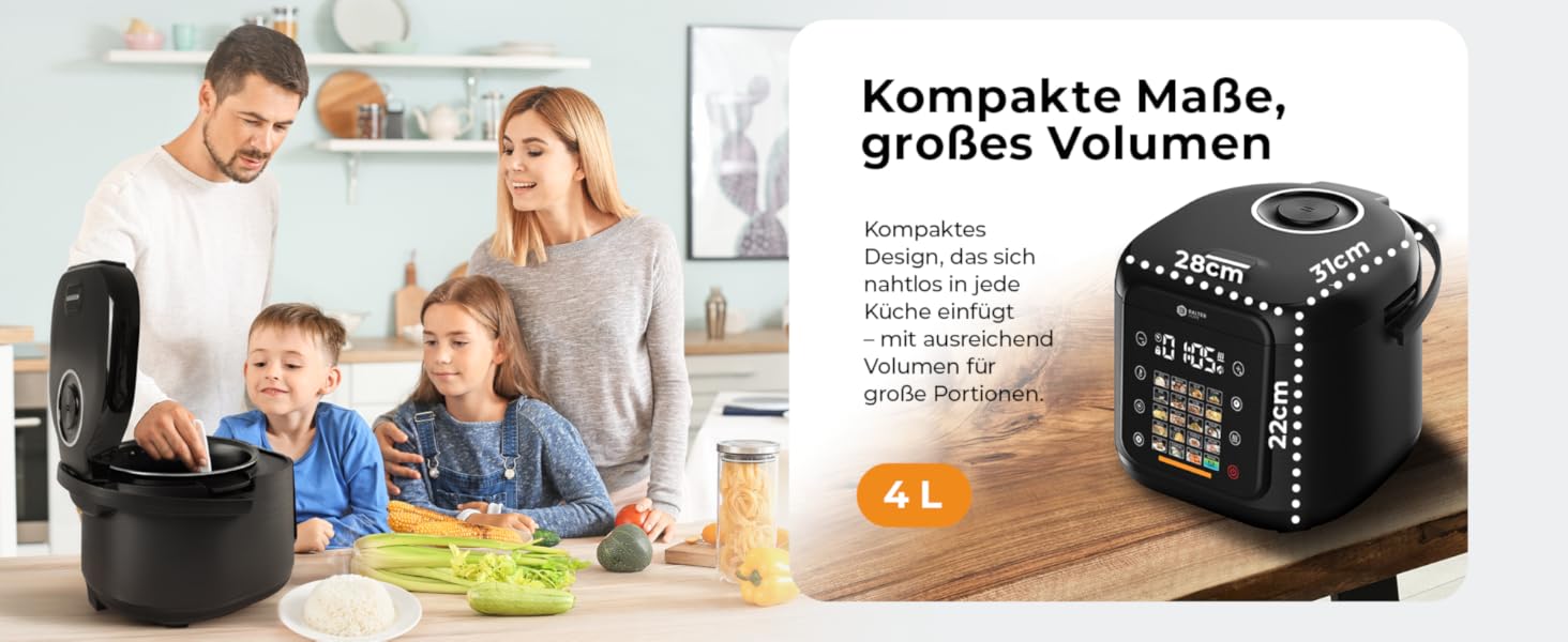 Бальтер рисоварка-мультиварка 4л з Fuzzy Logic, функцією приготування на пару та повільним приготуванням, таймером, підігрівом, преміум-посудинами, аксесуарами та книгою рецептів (20 програм)