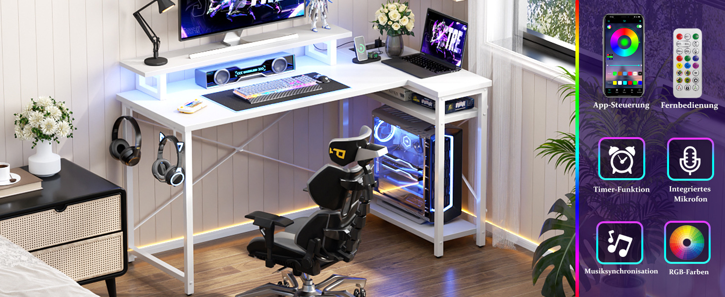 Ігровий кутовий стіл L-подібної форми з LED-підсвічуванням та розетками, 120x70 см, колір дуб (білий)