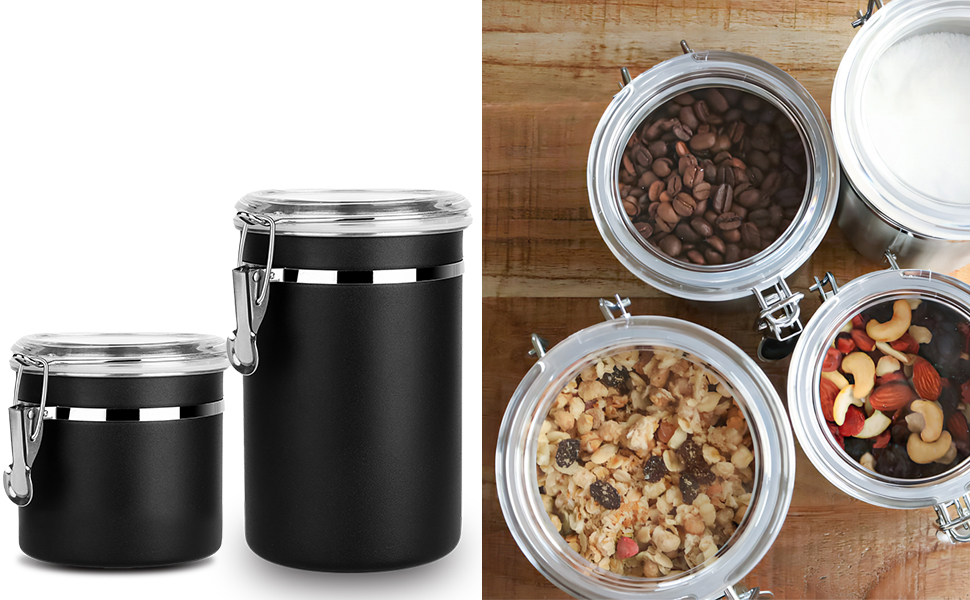 Герметична контейнер для кави та продуктів, набір 2 шт, 1.8L, нержавіюча сталь, чорний