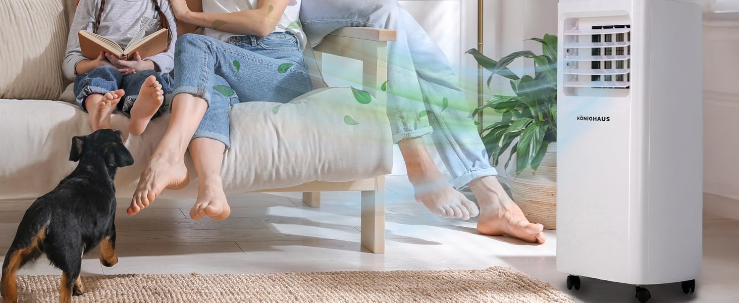 Мобільний кондиціонер Könighaus 7000 BTU для кімнат до 20 м²: 4-в-1 (охолодження, осушення, вентилятор, очищення повітря) з пультом та керуванням через додаток, енергоефективний (A)