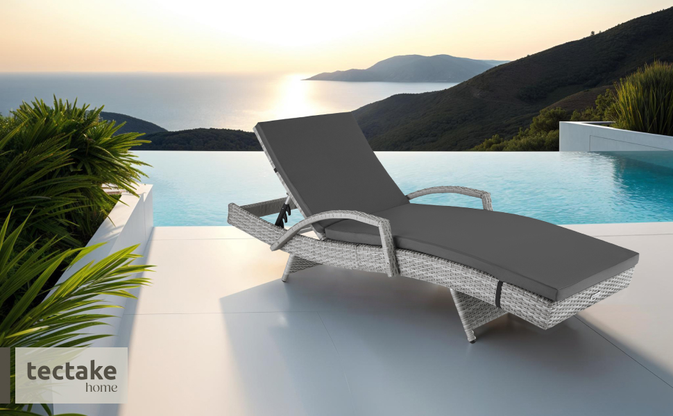 Шезлонг Tectake з поліротангу, регульована спинка, стійкий до погодних умов, з м'яким матрацом, для саду, балкону та тераси (світло-сірий)