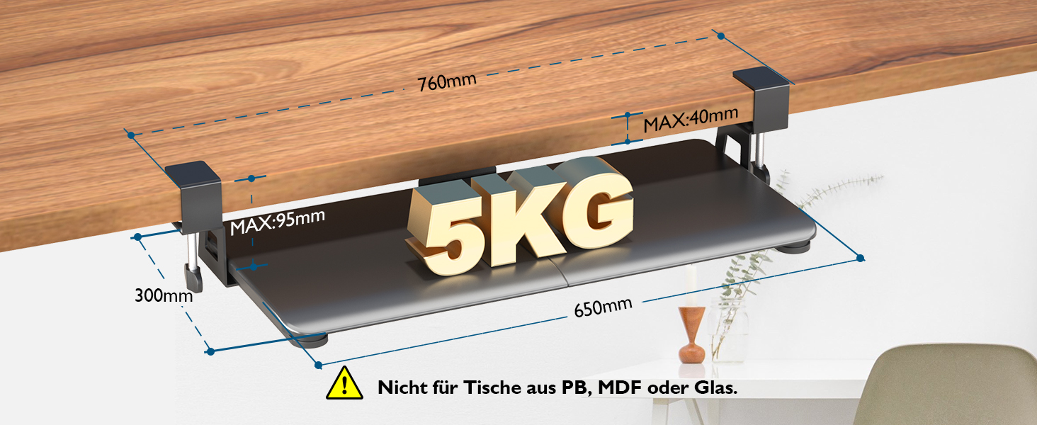 Підставка для клавіатури BONTEC під стіл, висувна з К-подібною фіксацією, великого формату, стійка, висувна, 650(760мм) x 300 мм, вінтажно-коричнева, ДСП