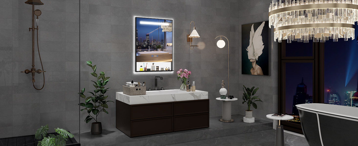 Дзеркало для ванної кімнати YU YUSING 80x60 см з підсвічуванням LED, 3 кольори світла, регулювання яскравості, антизапарник, сенсорне управління, таймер, загартоване скло, IP44 (чорний з полицею)