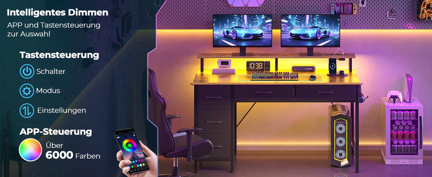 Комп'ютерний стіл Seventable з розетками та LED-підсвіткою, 100 см, геймінговий стіл з 5 висувними ящиками та підставкою для монітора, для офісу, кабінету, спальні, вітальні (Вінтажний коричневий)