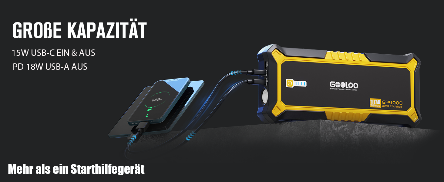 Powerbank Starthilfe GOOLOO GP2000 для автомобілів: 4000A, USB-швидка зарядка, LED, кабель для підзарядки, 8.0L бензин/6.0L дизель