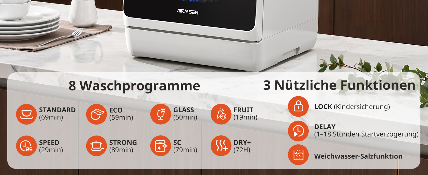 Mini посудомийна машина AIRMSEN з 8+3 програмами, 5л, система пом'якшення води, таймер, дитячий замок, білий/чорний