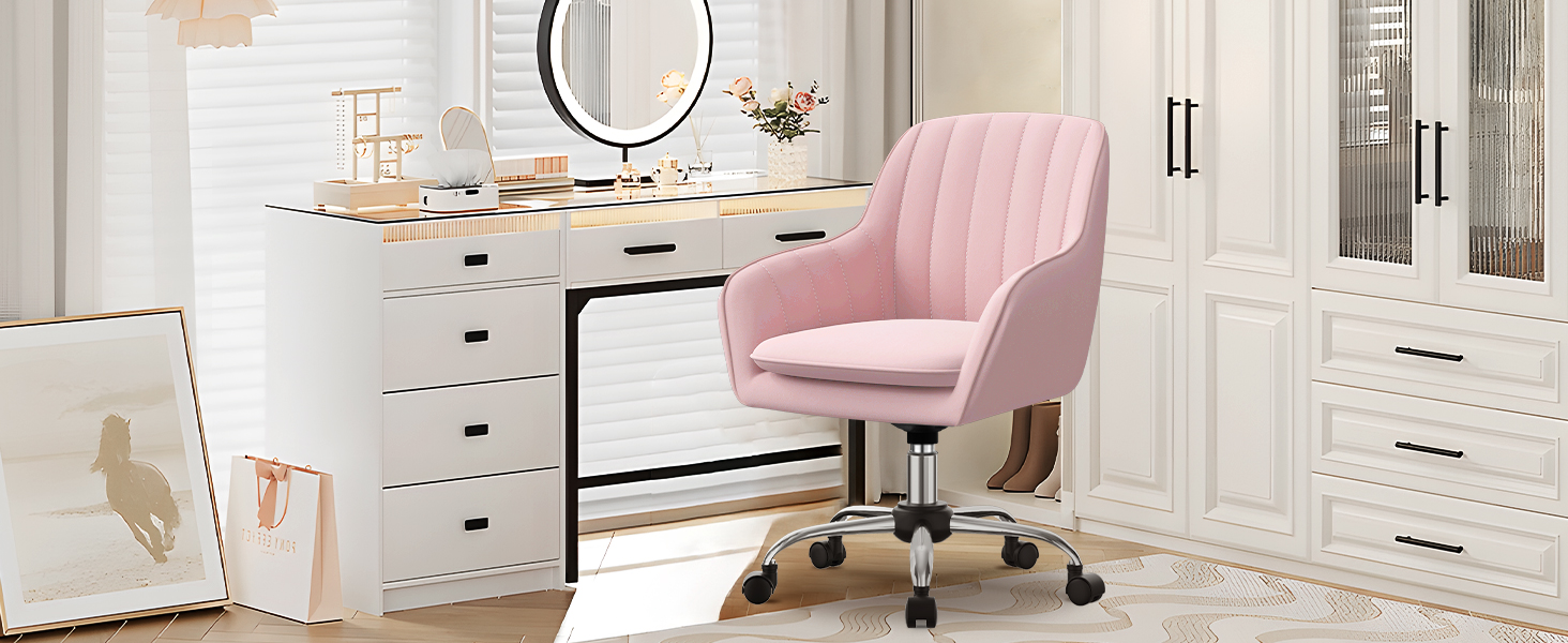 Крісло для робочого столу Daccormax, крісло для туалетного столика, обертове крісло до 150 кг, офісне крісло з регулюванням висоти, крісло для дому з м'якою оксамитовою оббивкою, комфортне для робочого кабінету, спальні, офісу, рожеве/рожеве
