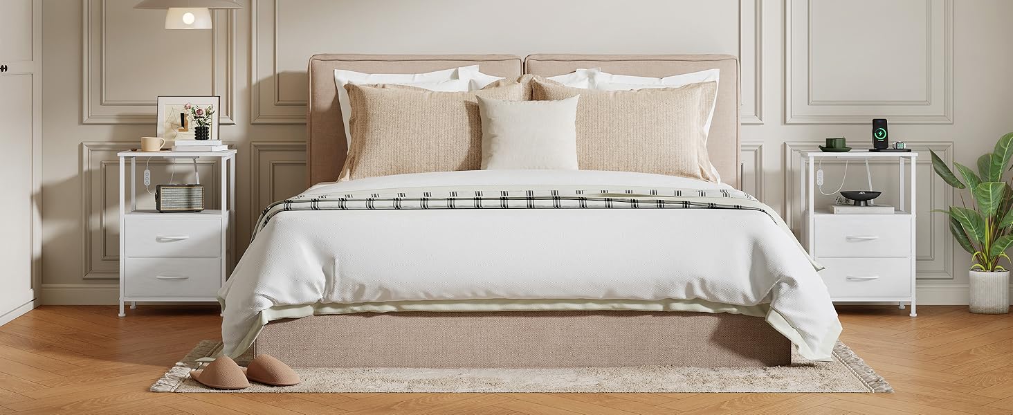 Нічний столик Somdot з LED, USB та Type-C, 2 висувні ящики, штучна шкіра, білий (30x40x60 см)