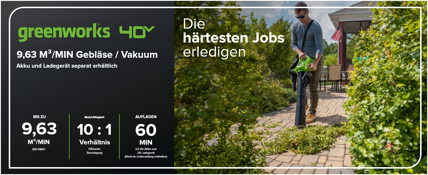 Акумуляторний листозбірник/лістовий повітродув Greenworks 40V GD40BVK2X з безщітковим двигуном, 370 км/год, 14.17 м³/хв, 45л мішок для збору листя, 3 роки гарантії, 5Ah акумулятор та універсальне зарядне пристрій + бонусний акумулятор 4Ah