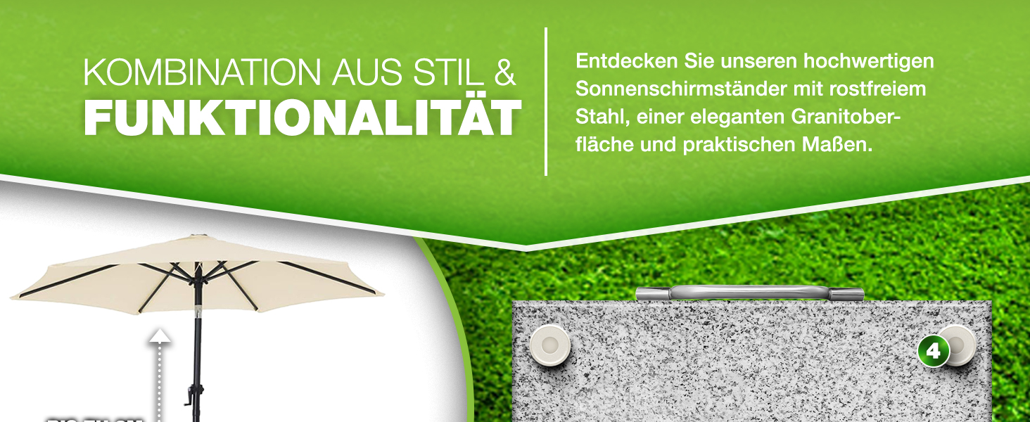 Підставка для парасольки Tillvex® Granit з роликами та ручкою для транспортування, 27 кг, кутова | Підставка для парасольки з нержавіючою сталею | Підставка для парасольки на балкон, сумісна з держателями 16-48 мм та парасольками діаметром 250 см, кутова, сіра