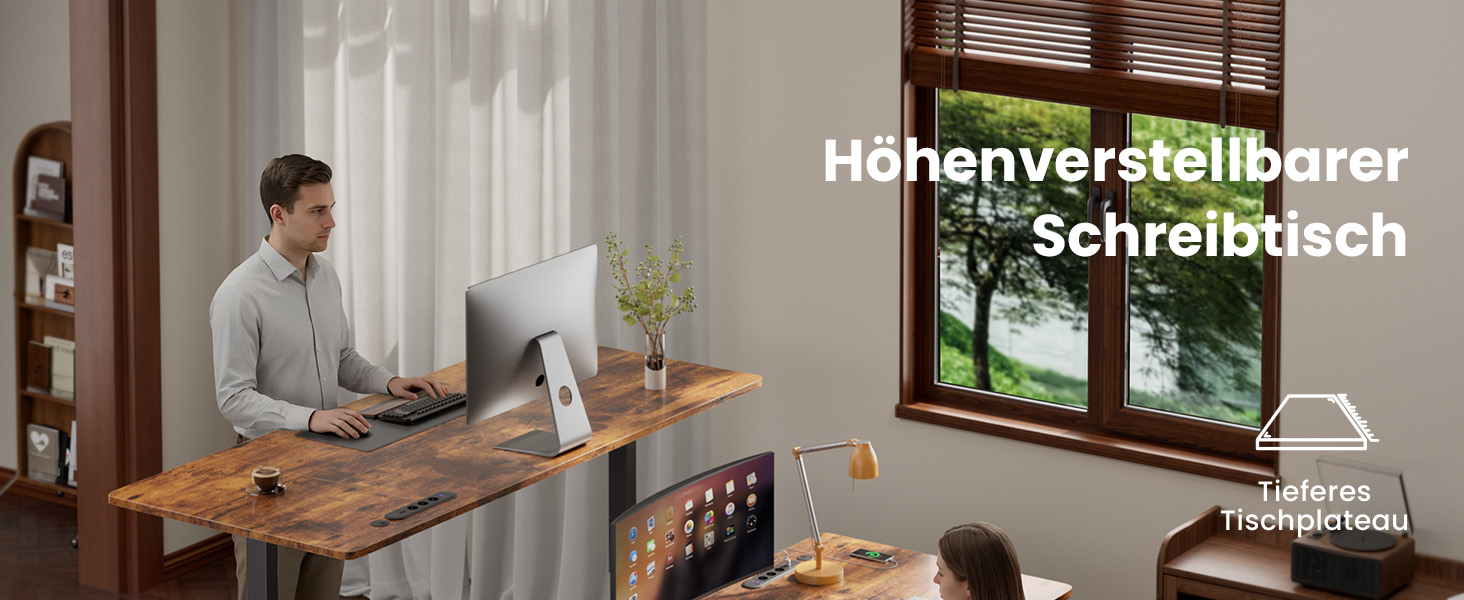 Електричний регульований стіл з шухлядами HLONONE 180x80 см, коричневий - з розетками та USB, функцією пам'яті, стійкий стоячий стіл