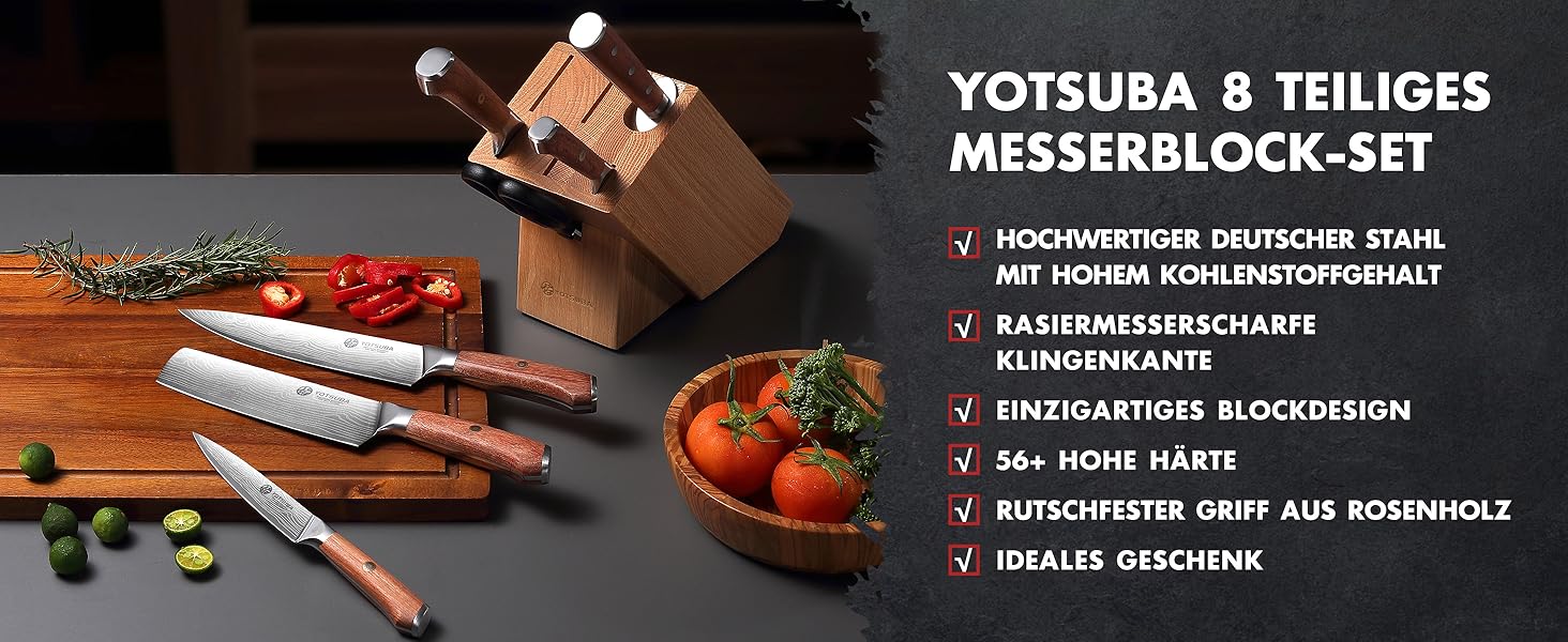 Набір кухонних ножів YOTSUBA 8 предметів з дерев'яним блоком, точилка, ножиці, кухонні ножі з нержавіючої сталі