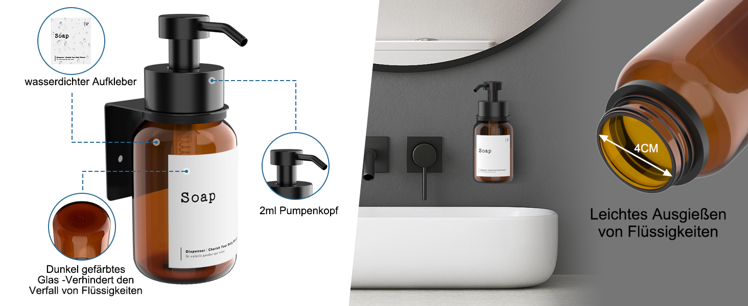 Настінний диспенсер для мила чорного кольору 250 мл - без свердління - для шампуню та гелю для душу