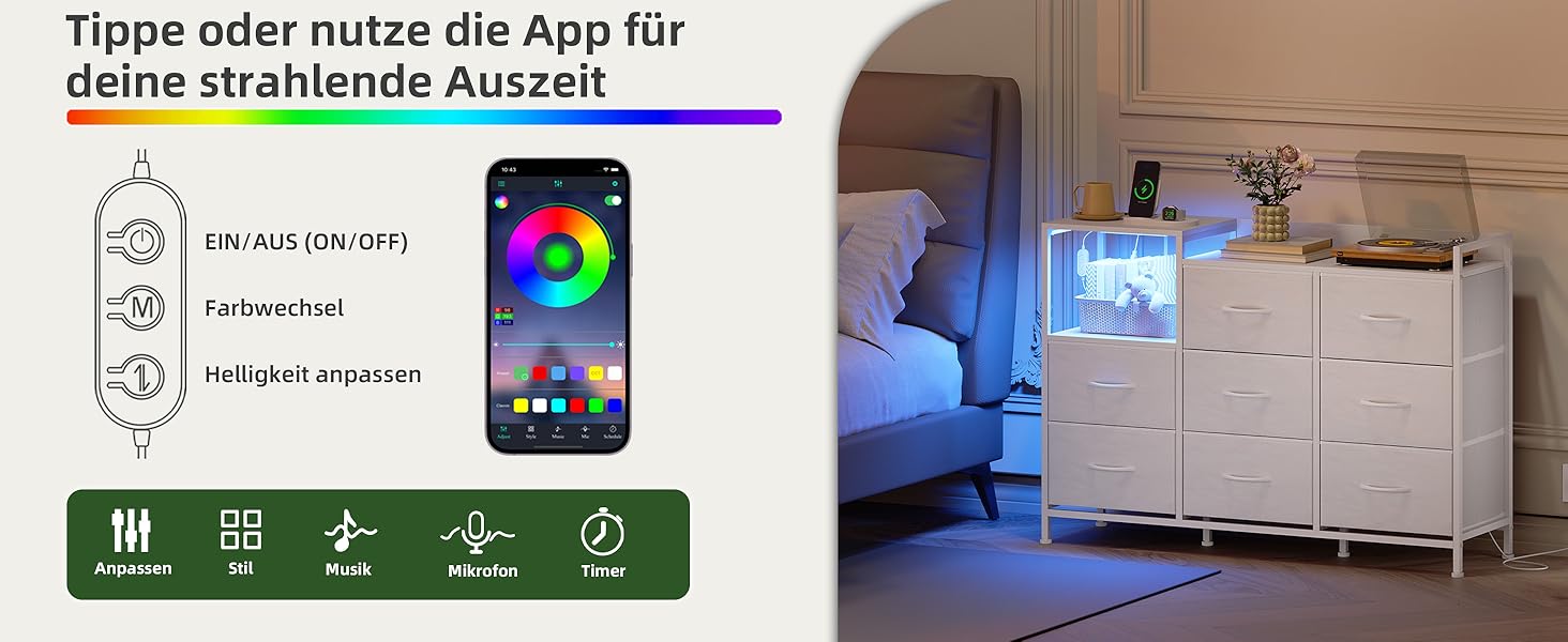 Комод Somdot для спальні, вітальні, прихожої з шухлядами, LED-підсвічуванням та розетками (2 AC, 1 USB, 1 Type-C), 5 тканинних шухляд, білий, 29T x 66,5B x 70,5H см (Комод Somdot з 8 шухлядами, біле шкірозамінник, 29T x 99B x 70.5H см)