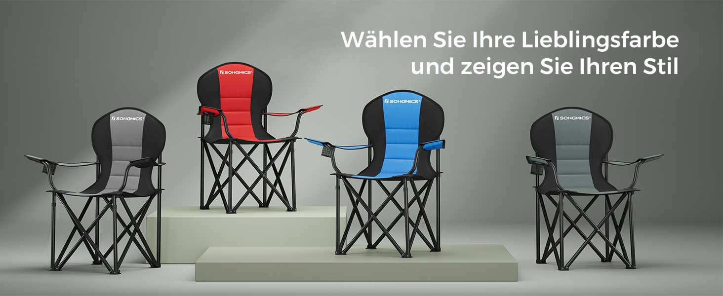 Крісло для кемпінгу SONGMICS, складне, складаний стілець, зручне сидіння з поролоновою оббивкою, з тримачем для пляшок, важкий, максимальна вантажопідйомність 250 кг, відкритий стілець (1, сірий чорний)