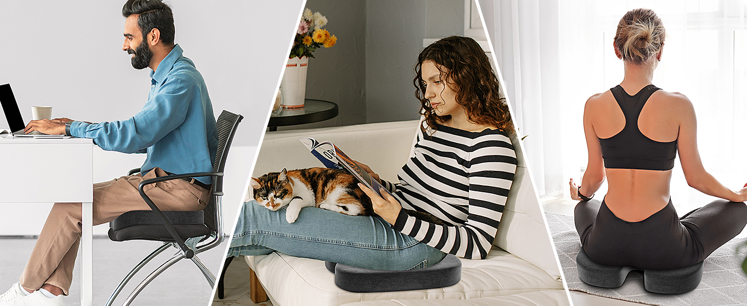 Ортопедична подушка на сидіння для копчика та стегон, ергономічна подушка для офісного крісла та авто з ефектом пам'яті (Memory Foam), протиковзкою основою, чорна