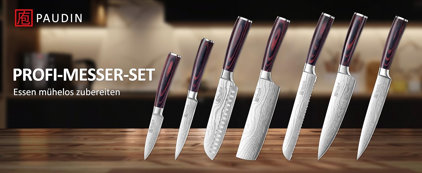 PAUDIN Profi: Набір кухонних ножів з нержавіючої сталі (7 шт.) - професійні, ергономічні, довговічні, для хобі та професійних кухарів