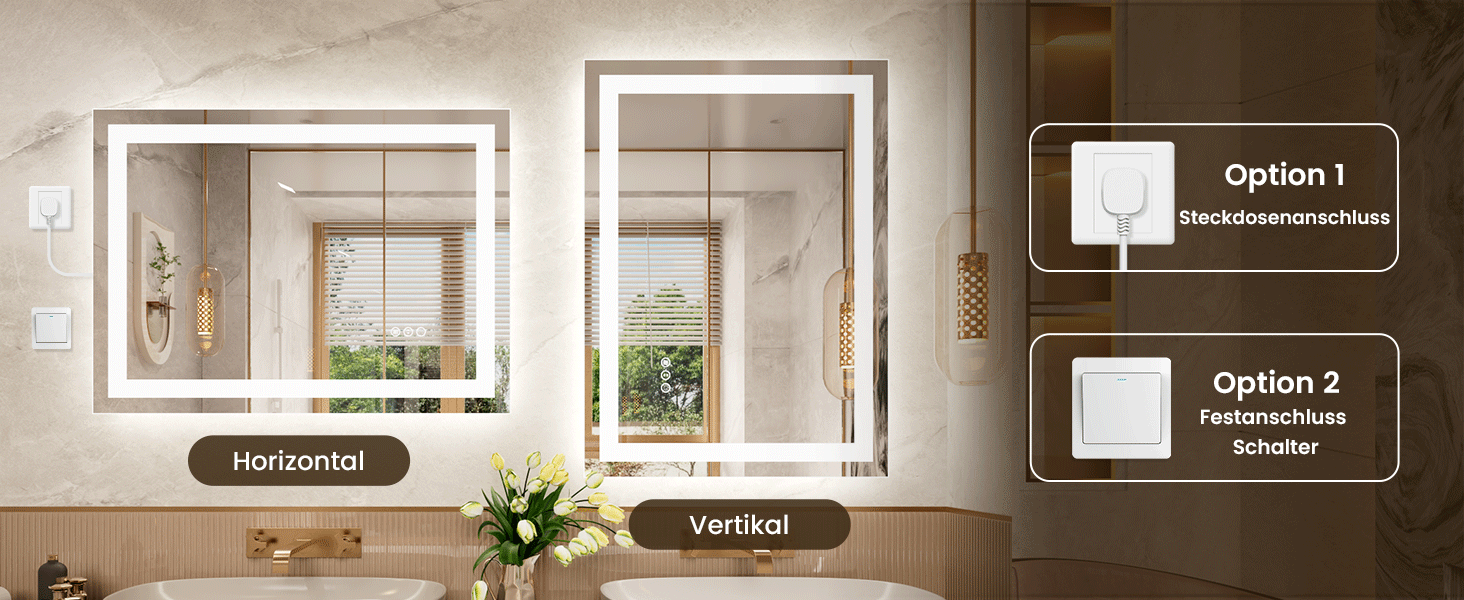 LED дзеркало для ванної кімнати 60x80 см з підсвічуванням, сенсорне керування, регулювання яскравості, 3 кольори світла, антизапар, IP44, вертикальна/горизонтальна орієнтація