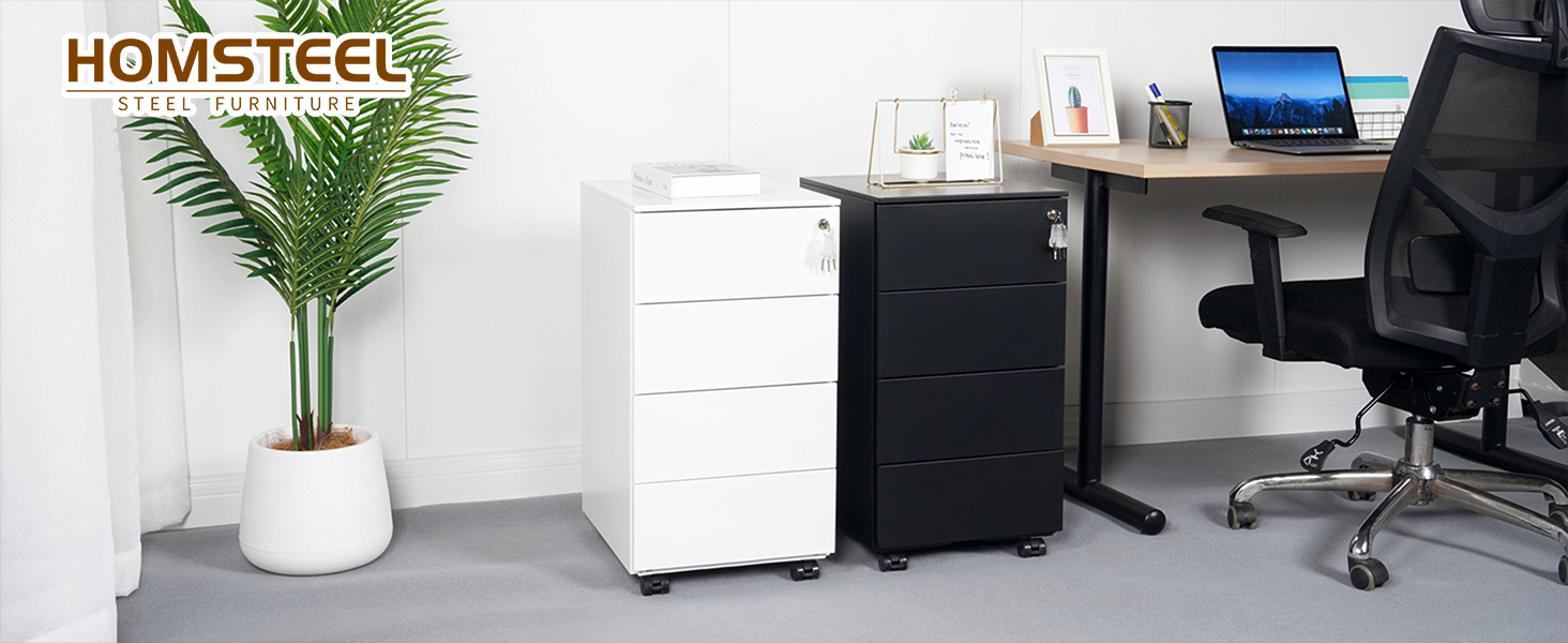 Роликовий контейнер HOMSTEEL з замком, 4 ключі, 4 шухляди, металевий шафа, готовий до збирання, для офісу, домашнього офісу, білий (44T x 37B x 69.5H cm)