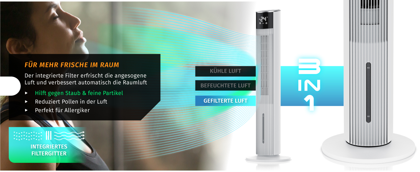 Вентилятор вежний з Wi-Fi та охолодженням води Brandson ECO GREEN – тихий, з керуванням Alexa, смарт-вентилятор для дому, мобільний кондиціонер