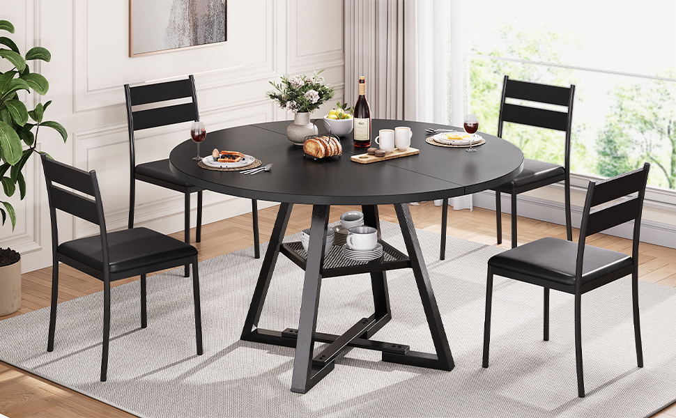 Круглий обідній стіл для 2-4 осіб з поличкою, дерев'яний кухонний стіл в індустріальному стилі (107x107x76 см), чорний колір