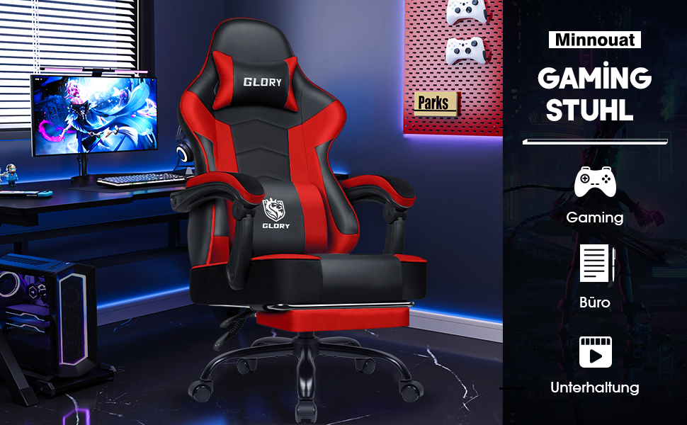 Ігровий крісло, офісне ергономічне крісло з телескопічною підніжкою, з підголівником та підтримкою попереку, регульоване та поворотне, 150 кг, (червоний)