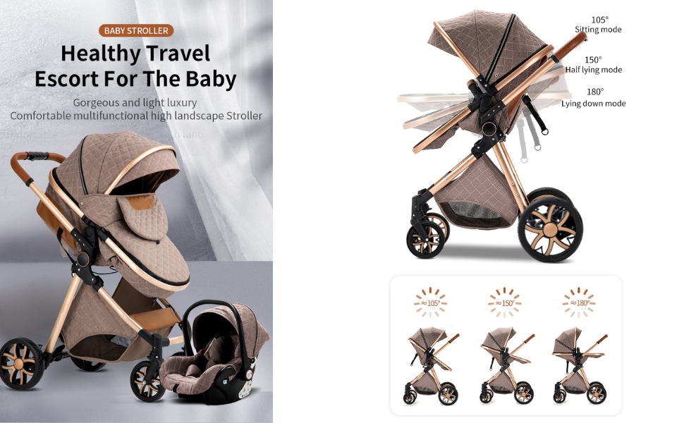 Дитяча коляска Glokid 3 в 1, комбінована коляска з подорожним системним набором, москітна сітка, дощовик, футм'юк, складна, положення для лежання, висока шасі (LV9 Рожевий)