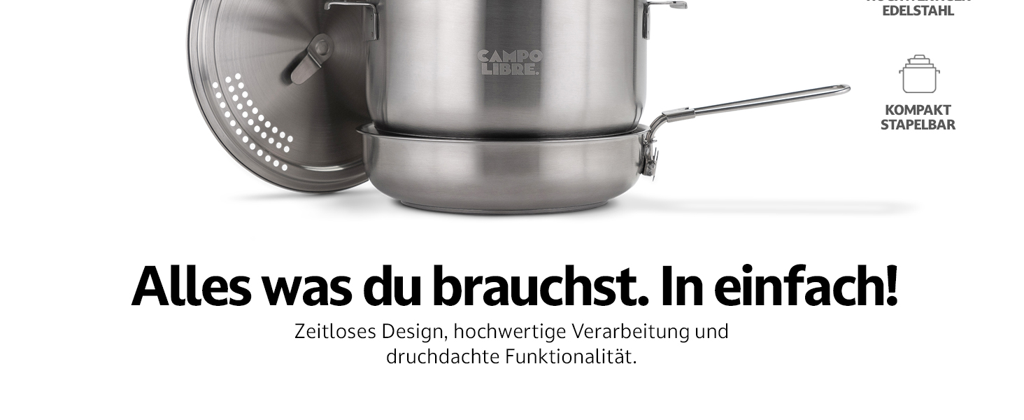 Набір кухонного посуду Campo Libre Enzo I з нержавіючої сталі для кемпінгу | 6 або 6-ти частинний | Індукційний | Посуд для кемпінгу