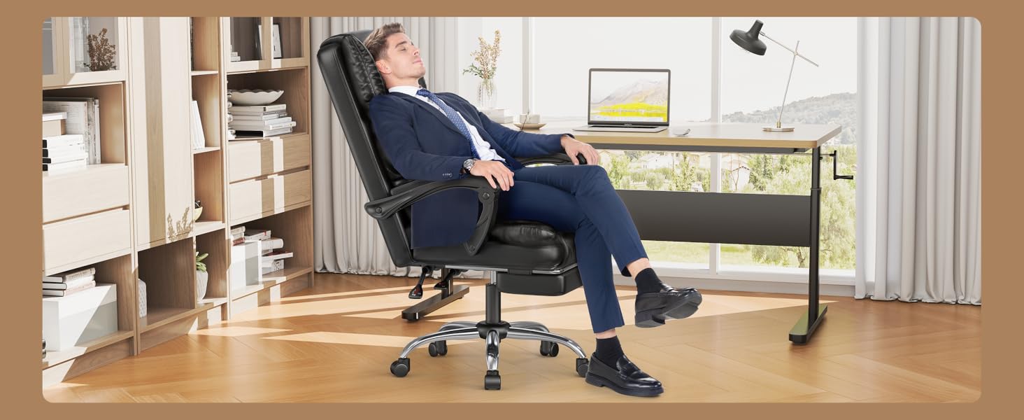 Офісний крісло-шезлонг для кухні від NaspaLuro з підніжкою, чорного кольору. Ергономічний комп'ютерний стілець з PU шкіри, м'якими підлокітниками та регульованою спинкою. Регульована висота, поворотний механізм. Без підігріву.