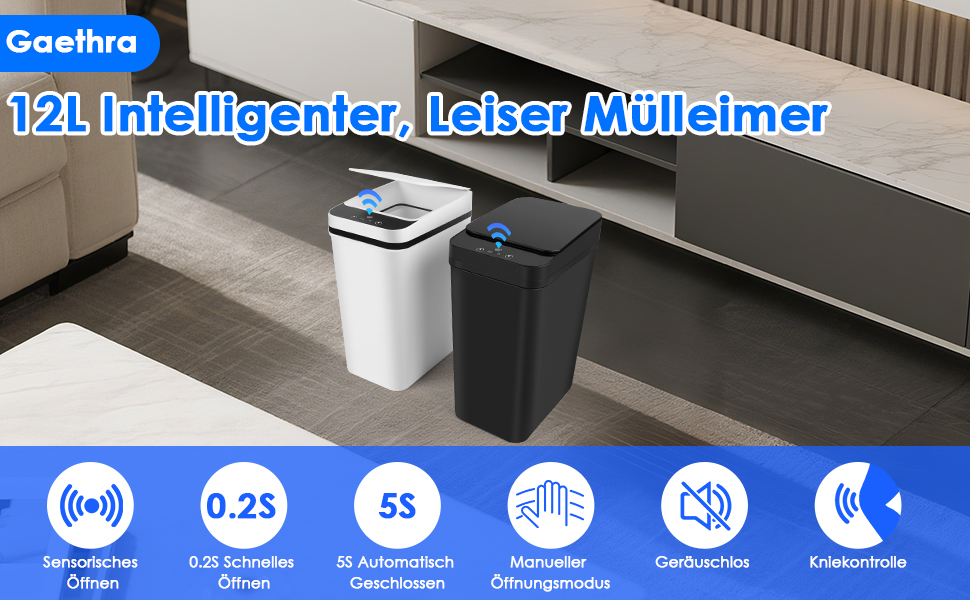 Набір з 2 відер для сміття з сенсором, 12л, автоматичний відкривання кришки, 3 режими роботи, тихе, водонепроникне, інтелектуальне відро для сміття, для кухні, офісу, вітальні, ванної кімнати (Чорний+Білий)