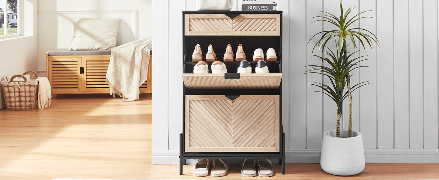 Вузька шафа для взуття з 2 дверцятами, економна, закрита полиця для взуття, шафа для взуття, полиця для взуття з ящиками для передпокою та вітальні (Дуб & Чорний) Дуб & Чорний Середній